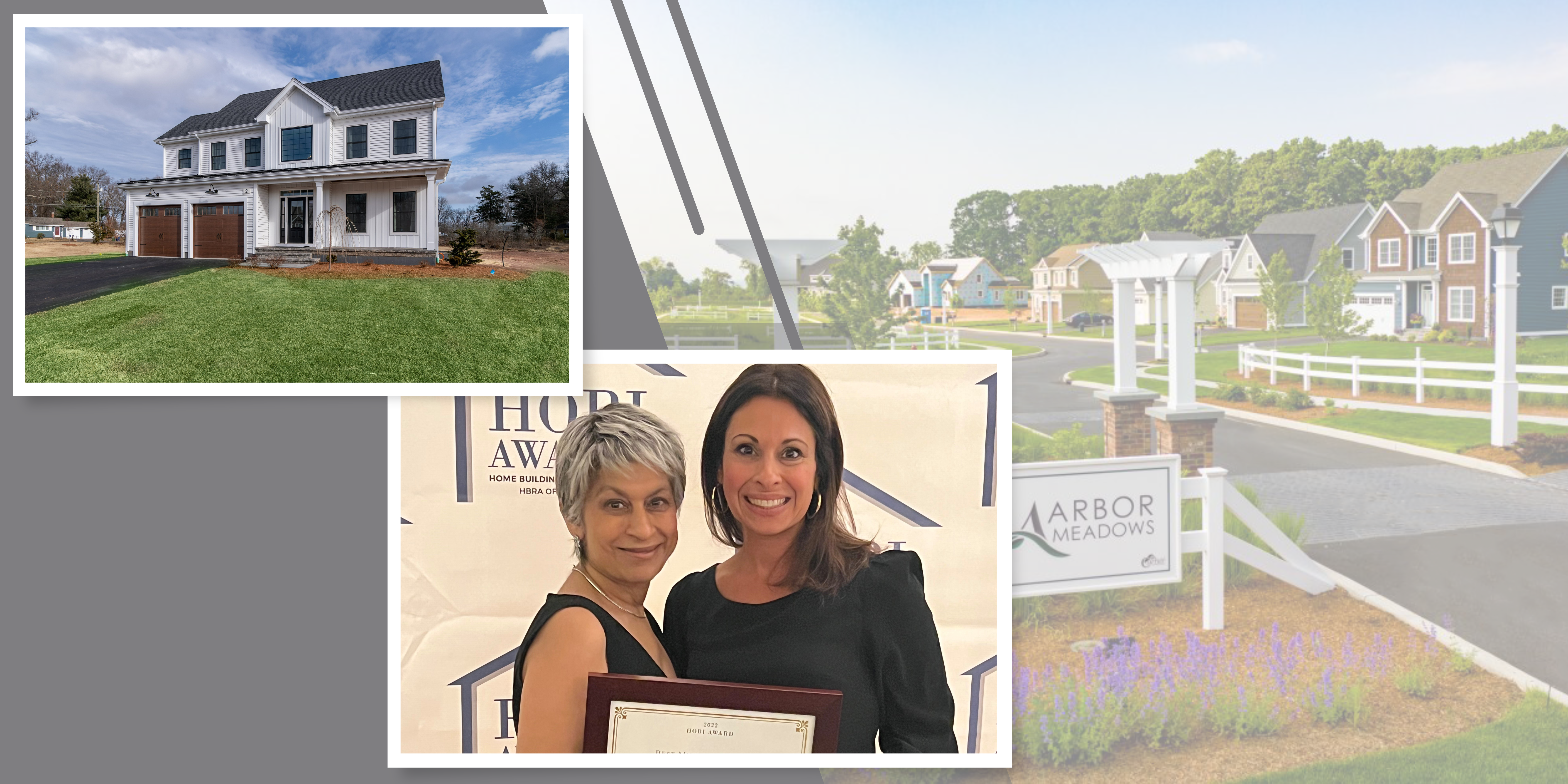Photo of the entrance to Arbor Meadows of Cromwell, a white custom colonial home, and the two sales consultants Daniela Volo and Maryam Taylor