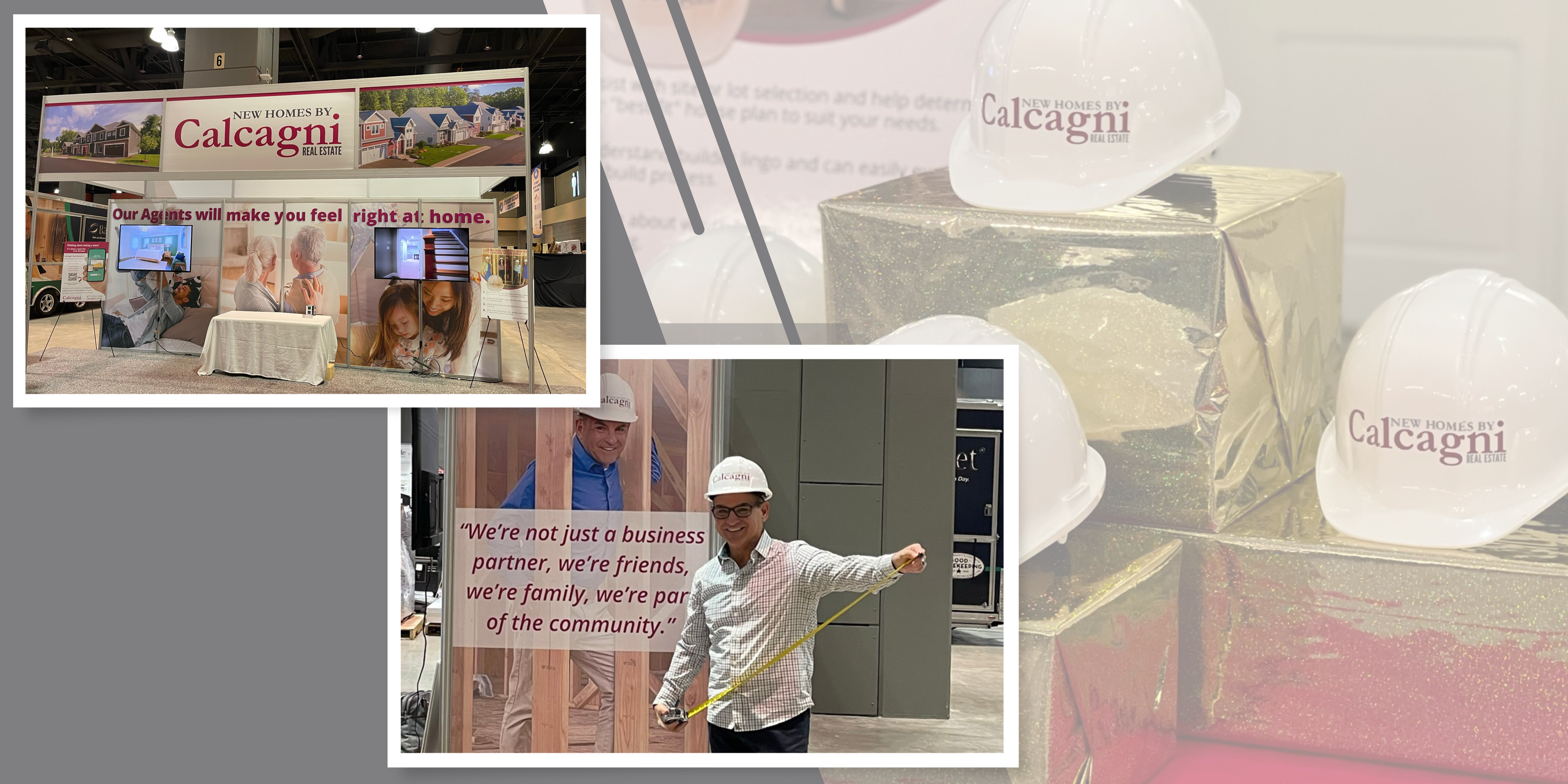 Photo of the Calcagni booth at the HBRA's homeshow, hard hats with the Calcagni New Homes logo on them, gold tinfoil wrapped boxes, and our New Business Development Director Joel Grossman