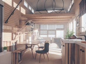 Rustic tiny house interior design with kitchen, living room and bedroom in mezzanine floor in warm sunset light. 3d rendering.